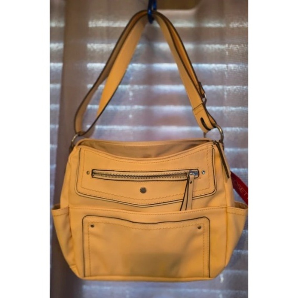 Rosetti Italian Straw Faux Leather Multi Pocket Yellow Contrast Stitching